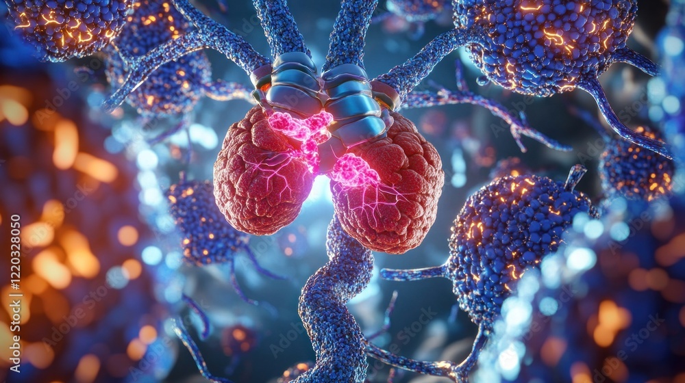 Poster detailed microscopic view of a cell structure with interconnected pathways and bright spots