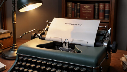 World Poetry Day: Vintage typewriter with World Poetry Day text on wooden desk