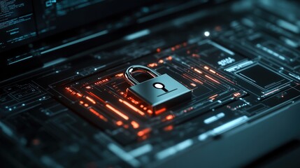 Cyber Security Concept with a Padlock on an Electronic Circuit Board