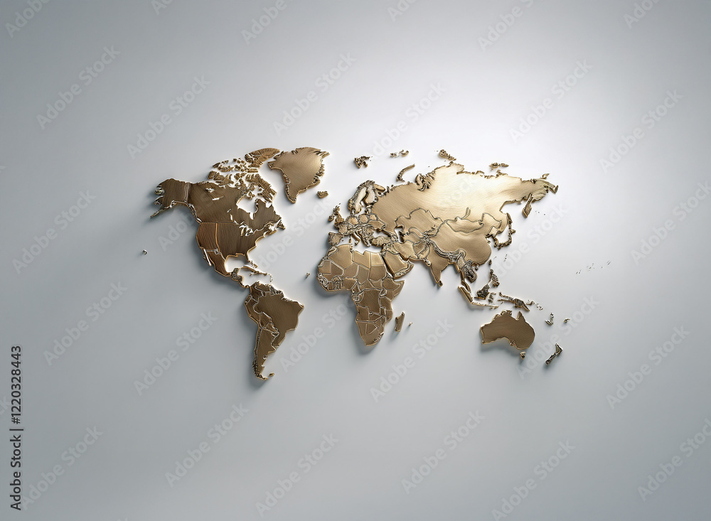 Poster a three-dimensional golden world map, subtly textured, hangs against a minimalist white backdrop. th