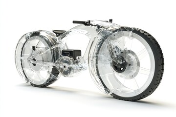 Transparent Electric Motorcycle Design: Futuristic Two-Wheeled Vehicle with Innovative Components and Sleek Aesthetics.