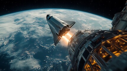 Fototapeta premium 3D render of a space shuttle in orbit a rocket launch on galaxy