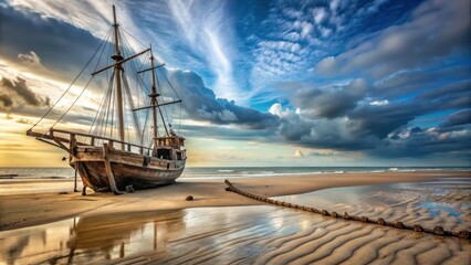 Abandoned sailing vessel on a deserted sea stage with a weathered wooden deck and ropes trailing into the distance, nautical scene, beach background
