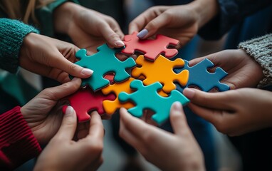 Hands of different people connecting vibrant jigsaw puzzle pieces, depicting the power of teamwork, unity, and collaborative problemsolving