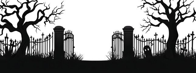 Obraz premium Silhouette of a graveyard gate with dead trees isolated on white background.PNG