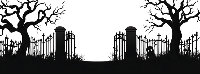 Silhouette of a graveyard gate with dead trees isolated on white background.PNG