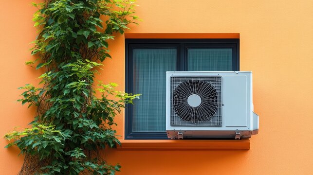 Air conditioner unit mounted below a window on an orange wall with climbing plant.