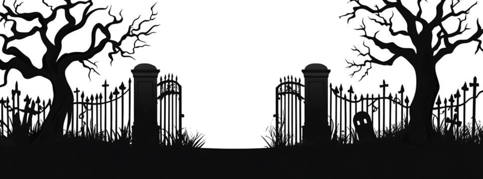 Silhouette of a graveyard gate with dead trees isolated on white background.PNG