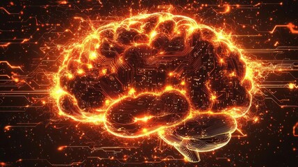 Fototapeta premium 3D Digital Brain with Glowing Circuit Board Patterns and Flowing Data Streams