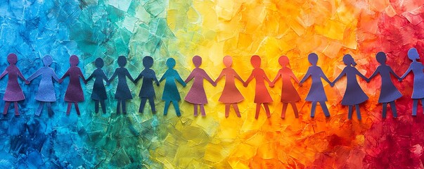 Symbolic paper chain of human silhouettes held by diverse hands, representing teamwork, unity, and collaborative success in a dynamic, colorful background