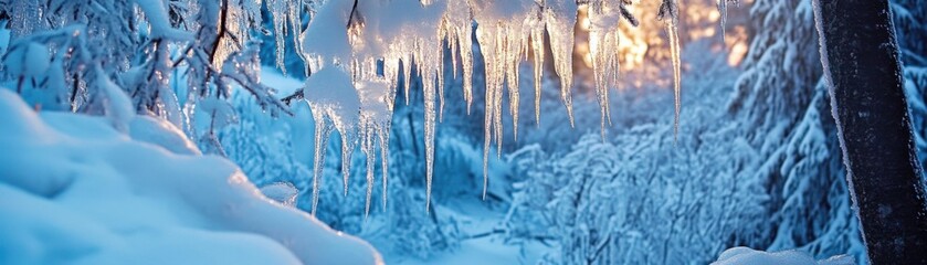 A winter wonderland features icicles and snowdraped trees.