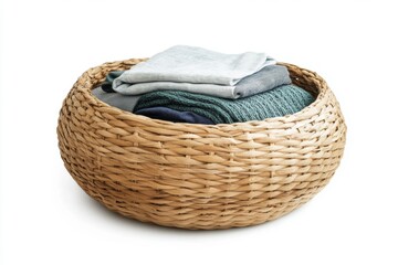 Obraz premium Round Seagrass Laundry Basket Holding Folded Knitwear Clothes