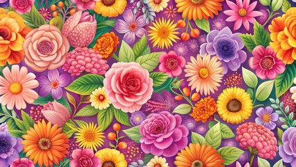 Colorful floral arrangement seamless background with various flowers and leaves in shades of pink purple yellow orange