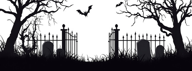 Silhouette of a graveyard gate with dead trees isolated on white background.PNG