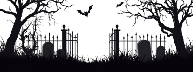 Silhouette of a graveyard gate with dead trees isolated on white background.PNG