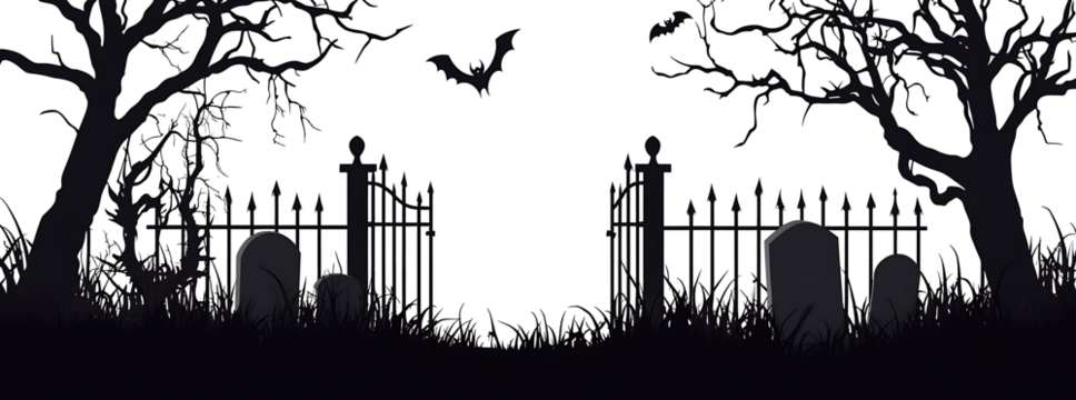 Silhouette of a graveyard gate with dead trees isolated on white background.PNG