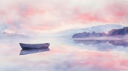 A watercolor painting of a still lake at dusk, the sky reflecting gentle pastel hues of pink and lavender, with a solitary rowboat floating quietly on the surface. The composition emphasizes tranquili