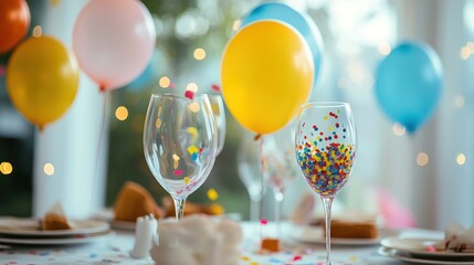 Festive Birthday Celebration with Colorful Balloons and Confetti-Filled Glasses