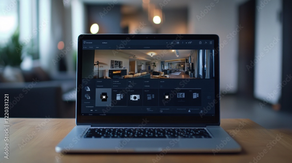 Aufkleber laptop displaying a home security system interface on a wooden table surface