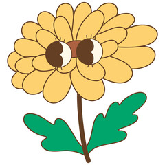 Cute cartoon flower with large eyes and green leaves