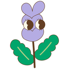 Cute lavender flower with big eyes and green leaves