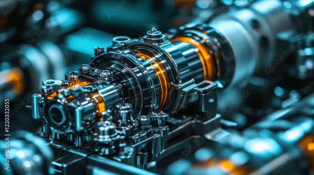 Poster close-up of a complex mechanical engine component showcasing intricate details and vibrant colors