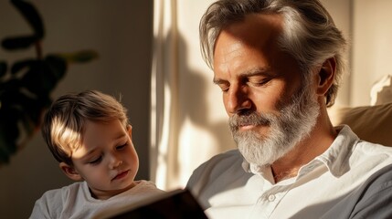 Obraz premium Father sharing a bedtime story with child, soft beige backdrop, intimate moment captured on right side of canvas, warm and nurturing atmosphere