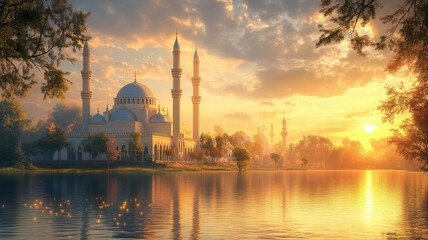Obraz premium Majestic Mosque at Sunset over Calm Lake