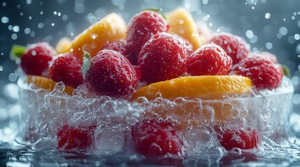 Fresh strawberries and oranges splashing in water.