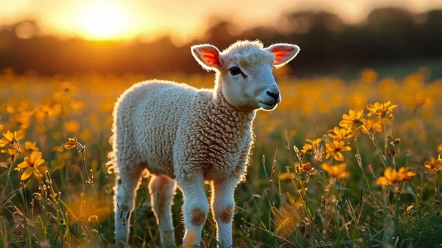 A cute lamb stands in a field of flowers during sunset, creating a serene atmosphere.