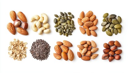 Nuts and seeds assortment, white isolate background Flexitarian food concept