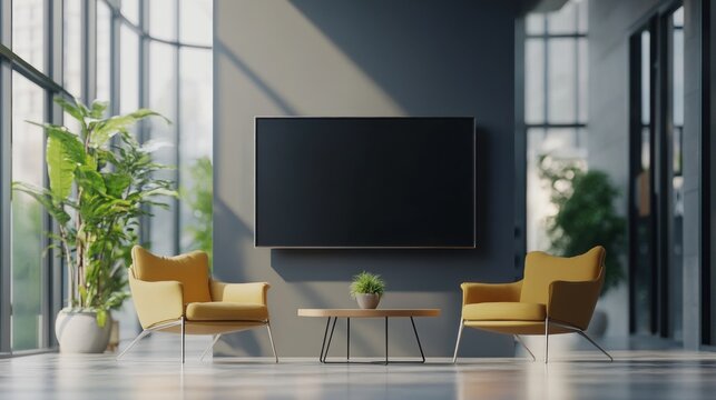 Modern Office Lounge: Minimalist Design with Yellow Armchairs and Large Screen