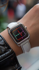 A stylish smartwatch with a vibrant ECG heart rate monitor display, worn on a wrist with a sleek white leather strap. Health monitor and technology gadget concept.