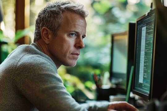 Focused man intently reviewing code on his computer screen, engrossed in his work.