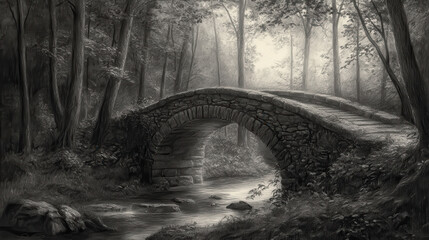 Naklejka premium A pencil drawing of an old stone bridge over a gentle stream