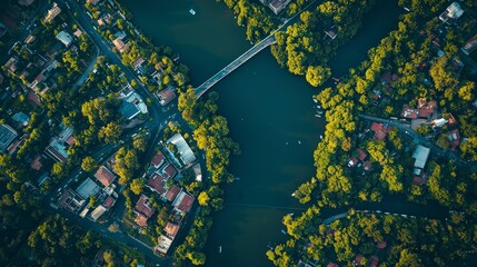Fototapeta premium Aerial View of River Surrounded by Lush Green Trees and Homes