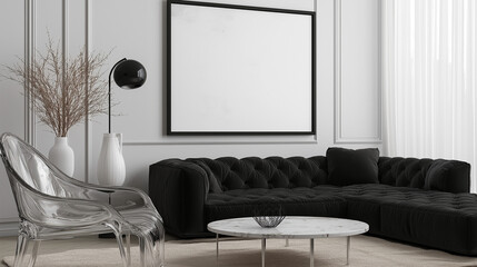 Minimalist living room with a dark grey tufted sofa and blank black-framed canvas. Monochromatic modern interior design featuring an acrylic chair, black dome lamp, marble-topped coffee table, and nat