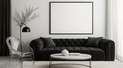 Minimalist living room with a dark grey tufted sofa and blank black-framed canvas. Monochromatic modern interior design featuring an acrylic chair, black dome lamp, marble-topped coffee table, and nat