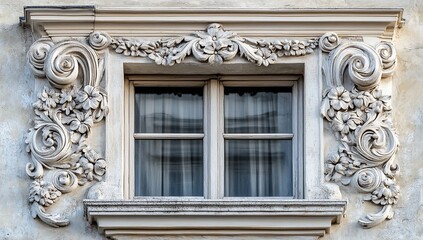 Obraz premium Ornate Floral Window Carving: Architectural Detail with Intricate Stonework and Elegant Design, Classic European Style Building Facade