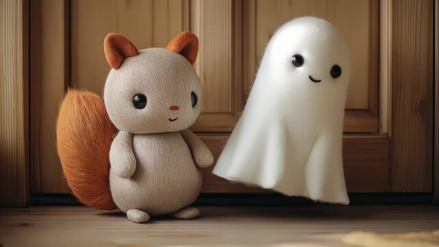 Squirrel and ghost characters positioned against wooden panels. Static camera with gentle depth of field. Ghost bobs softly while squirrel's fluffy tail sways naturally. 