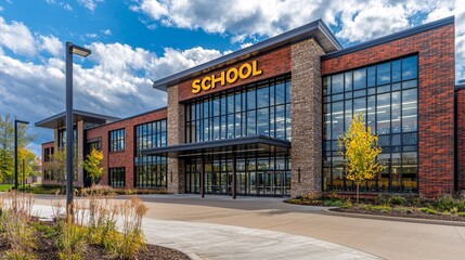 Obraz premium A high school building with a prominent school sign, featuring a modern design with glass doors and large windows to allow natural light into classrooms. 