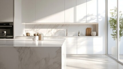 Fototapeta premium Sunlit Modern Kitchen: Minimalist Design with Marble Accents
