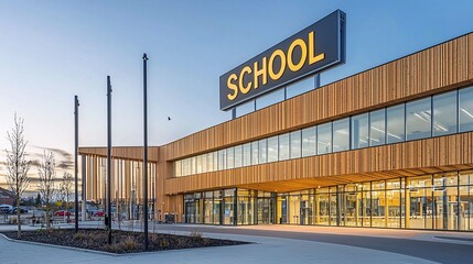 Obraz premium A modern school building with a sleek design, large windows, and a visible school sign above the entrance, representing a state-of-the-art learning facility. 