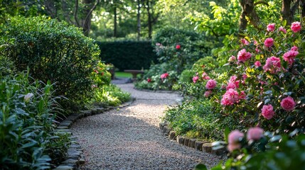 Obraz premium Serene Garden Pathway Surrounded by Colorful Blooming Flowers