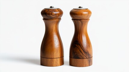 A pair of elegant, matching wooden salt and pepper grinders.