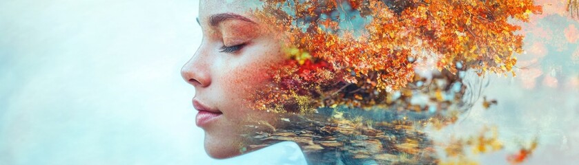 Double exposure combines a portrait with a natural landscape.