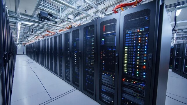 A long row of server racks in a data center with blue and white lights showing data is in transmission