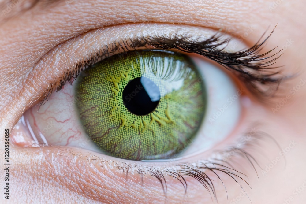 Poster iris patterns eye striking close-up green concept. close-up of a beautiful green eye with detailed i