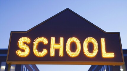 A school building with an illuminated school sign at night, providing a warm, inviting glow around the entrance as evening classes end. 