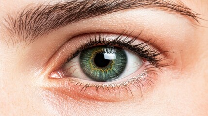 Obraz premium iris patterns eye striking close-up green concept. Close-up of a beautiful green and brown eye with natural makeup.